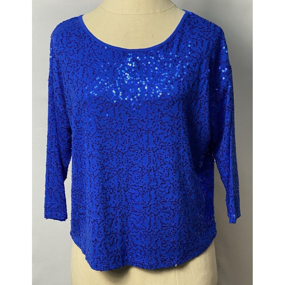 Madison Petite Sequins 3/4 Sleeves Top Royal Blue Size PS